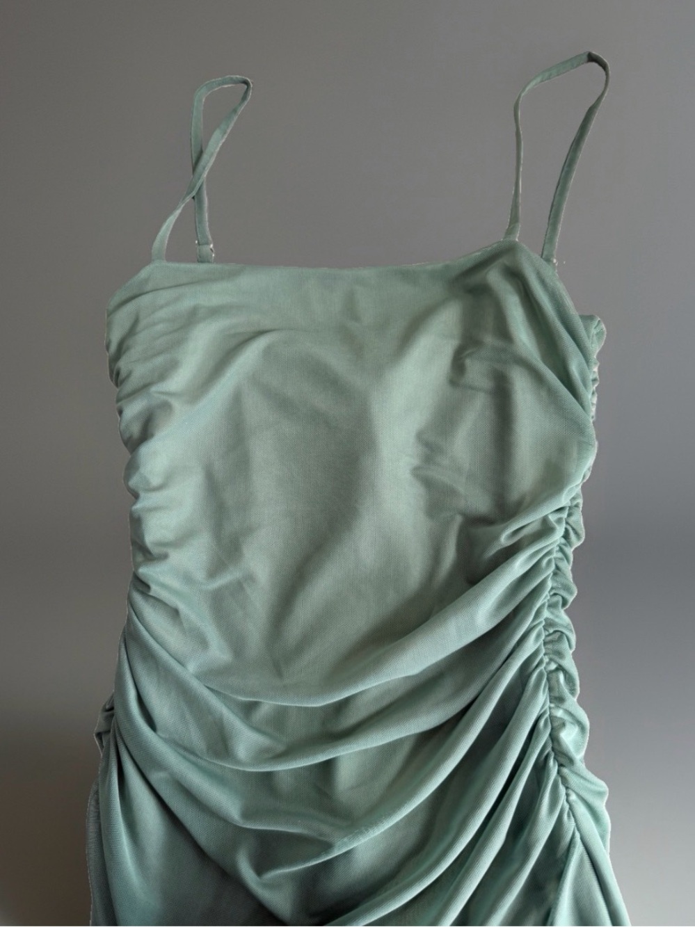 Women’s Green Ruched Spaghetti Strap Mesh Ruffle Hem Maxi Dress Size S cocktail